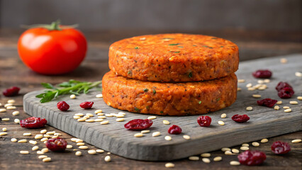 Two stacked vegetarian burger patties made from vegetables and grains on a rustic wooden board with cranberries and tomato