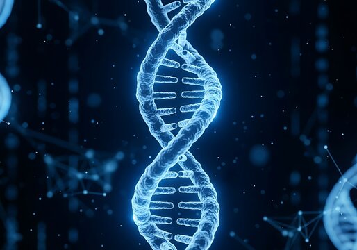 Blue glowing D N A double helix structure with abstract network background genetic code