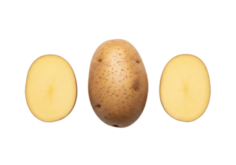 Fresh, unpeeled, raw brown potatoes, one whole, two halved revealing pale yellow flesh, on a transparent isolated surface with soft diffused light, concept of healthy ingredient choices