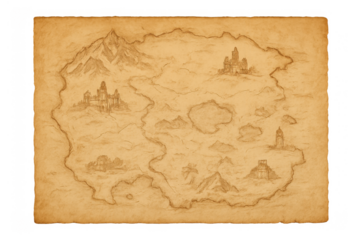 Antique looking fantasy adventure map hand drawn on aged parchment paper showing castles, mountains, villages, and an island treasure