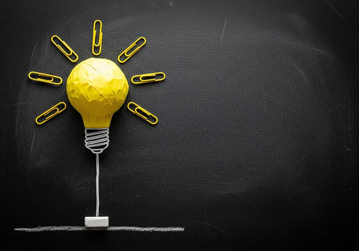 Chalk drawing of a lightbulb with a crumpled paper bulb and paperclip rays, a concept perfect for business innovation, creative ideas, and education
