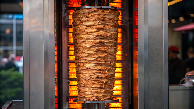 Vertical rotating spit roasted meat cooking slowly under warm lights ready for serving
