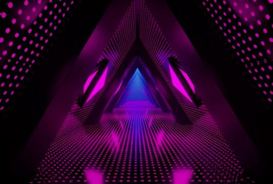 Enter a futuristic triangular tunnel with vibrant neon lights for a dynamic tech experience, perfect for immersive visuals and modern design projects