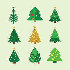 Collection of colorful Christmas tree vector icons in various styles, including decorated, minimal, classic, and modern designs. Festive flat illustrations perfect for holiday, winter, and seasonal pr