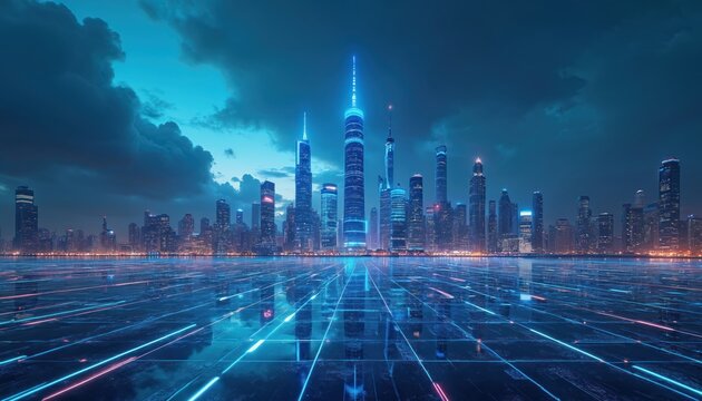Modern digital cityscape with glowing lines shows connection. Futuristic city downtown with skyscrapers over blue background. Perfect for sci-fi, tech, digital network concepts. Urban innovative