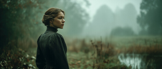 Victorian murder mystery. A tough beautiful woman detective in the fog searching for clues in London. Panoramic movie still.