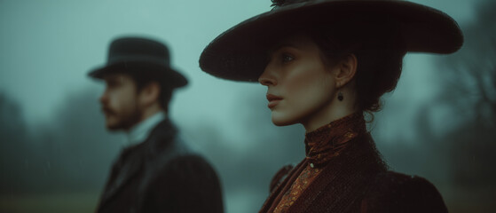 Victorian murder mystery. A tough beautiful woman detective in the fog searching for clues in London. Panoramic movie still.
