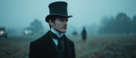 Victorian murder mystery. An enigmatic brilliant detective in the fog searching for clues in London. Panoramic movie still.
