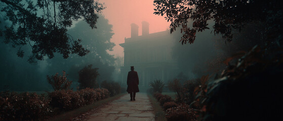 Victorian murder mystery. A tough beautiful woman detective in the fog searching for clues in London. Panoramic movie still.