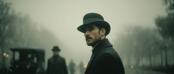 Victorian murder mystery. An enigmatic brilliant detective in the fog searching for clues in London. Panoramic movie still.

