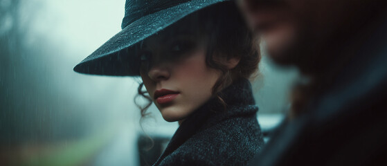 Victorian murder mystery. A tough beautiful woman detective in the fog searching for clues in London. Panoramic movie still.