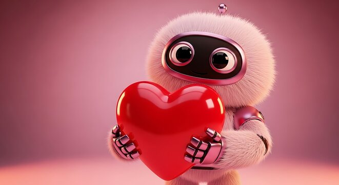 Fluffy robot character holding a shiny red heart with pink background cute
