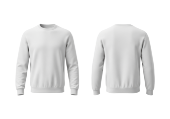 Pristine, uncreased, plain white long-sleeved crew-neck sweatshirt, front and back views, no labels, isolated on transparent background, high-key studio lighting, concept for e-commerce product