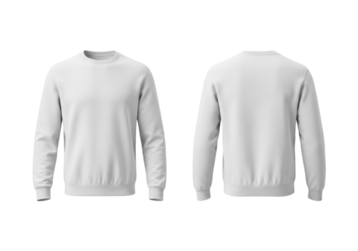 Pristine, uncreased, plain white long-sleeved crew-neck sweatshirt, front and back views, no labels, isolated on transparent background, high-key studio lighting, concept for e-commerce product