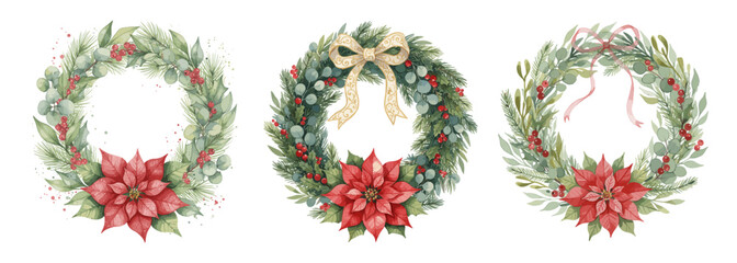 Christmas wreaths with poinsettia and red berries