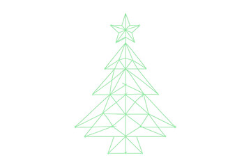 Abstract geometric christmas tree with glowing green lines and star, festive holiday concept on transparent background