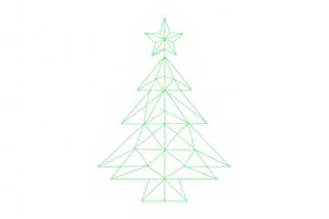 Abstract geometric christmas tree with glowing green lines and star, festive holiday concept on transparent background