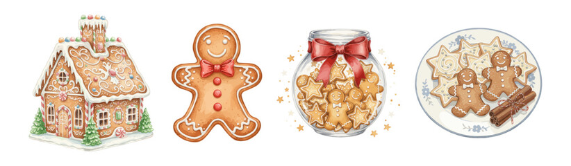 Fototapeta premium Collection of Christmas themed gingerbread treats, including a house, a man, and cookies in jars and on a plate.
