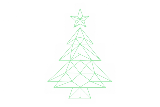 Abstract geometric christmas tree with glowing green lines and star, festive holiday concept on transparent background - Powered by Adobe