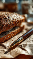 A delightful whole wheat sandwich alongside a sleek pen resting on crinkled parchment paper, lit by warm daylight. Minimalist workspace.