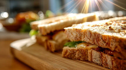 Close-up of a freshly made sandwich on a wooden board, with sunbeams highlighting its textures and layers. Ready for lunch!
