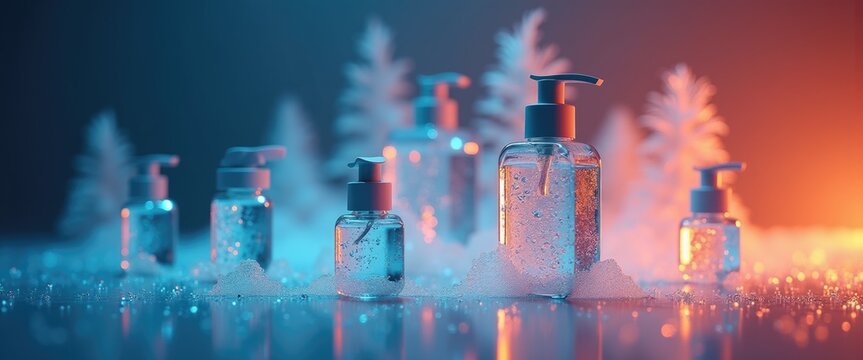 High-end skincare collection on marble bathroom surface on a Christmas holiday background, luxury self-care and indulgence