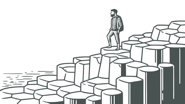 Giant&rsquo;s Causeway &ndash; Geometric Rock Minimal Illustration, Modern Northern Ireland Landmark Art, Clean Hexagonal Landscape Vector Design