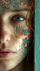 A close-up shot of a freckled face partially covered by aged puzzle pieces, blending artistry and intrigue in a visually striking composition.