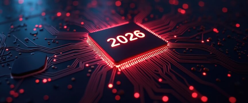 Quantum computer chip with glowing 2026 circuit traces, future computing power.