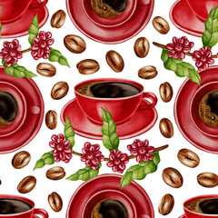 A watercolor seamless pattern with red coffee cups, beans, and coffee branches. Perfect for coffee shop branding, menus, packaging, and textile prints.
