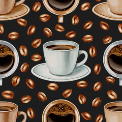 A seamless watercolor pattern featuring pastel coffee cups and roasted coffee beans. Perfect for coffee shop branding, menus, packaging, and textile prints.