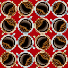 A seamless watercolor pattern featuring pastel coffee cups and roasted coffee beans. Perfect for coffee shop branding, menus, packaging, and textile prints.