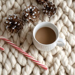 Coffee Mug with Candy Cane on Cozy Knit Blanket with Frosted Pinecones