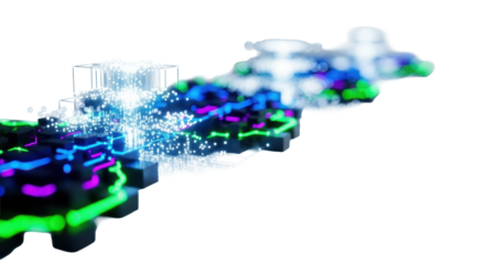 Intricate abstract digital network, glowing nodes, pulsating pathways, dense cluster, high-key studio background, copy space. Concept of digital innovation