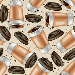 Hand painted watercolor seamless pattern of floating takeaway coffee cups and lids with splashes. Excellent for coffee shops, cafe branding, packaging, and store decoration, menu.