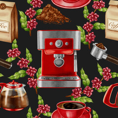 Hand painted watercolor seamless pattern of a coffee machine, portafilter, pot, and cup. Perfect for modern coffee shops, cafe branding, menu, and packaging.