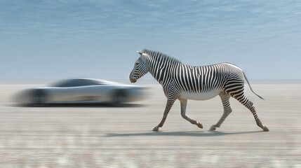 Obraz premium A zebra strolls before a hazy vehicle on an arid landscape