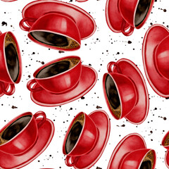 A watercolor seamless pattern with red coffee cups, beans, and coffee branches. Perfect for coffee shop branding, menus, packaging, and textile prints.
