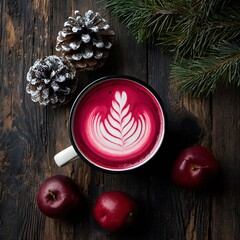 Festive Red Latte with Latte Art Surrounded by Pinecones and Holiday Decorations
