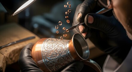 Close-up of a Bahraini craftsman engraving a copper coffee pot, his gloved fingers guiding the tool as fine metal curls scatter. Warm light highlights the detailed damascene floral work.
