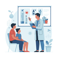 Doctor Educating Parent and Child About Health and Wellness in Flat Vector Illustration