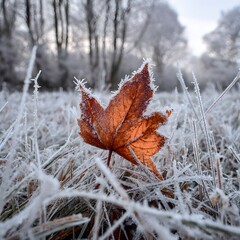 Frost-Covered Maple Leaf on Frozen Grass During Cold Winter Morning