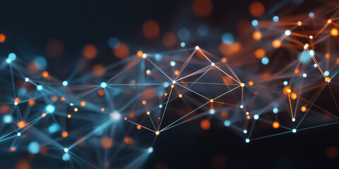 Abstract low poly grid connecting diverse colored nodes in a complex, illuminated network, symbolizing inclusion, connection, and global community, clean technology background.