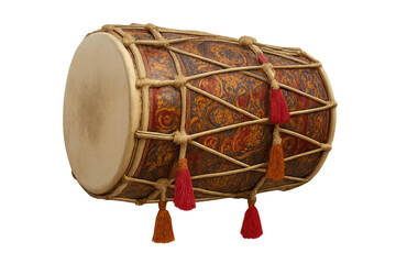 Indian dholak drum with decorative patterns, tight lacing, and tassels, providing rhythmic sounds for folk music. Transparent background
