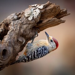 Woodpecker Emerging from Tree Cavity Nest Hole in Natural Forest Environment
