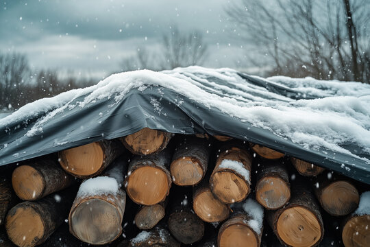 Stacked firewood covered with snow and tarp in winter landscape