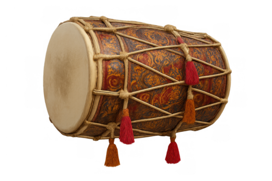 Indian dholak drum with decorative patterns, tight lacing, and tassels, providing rhythmic sounds for folk music. Transparent background