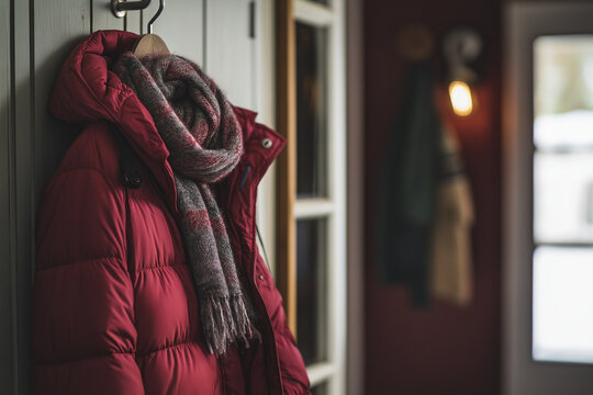 Cozy red winter coat and scarf hanging in indoor entrance space