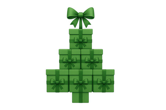 Green gift boxes creating a modern christmas tree shape with a bow at the top, transparent background