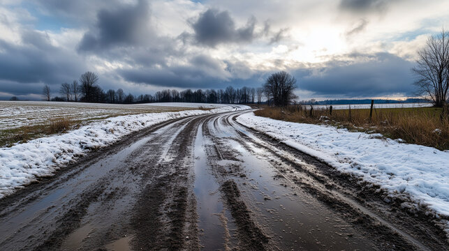 Winter road with muddy tracks and snow beside fields under clouds